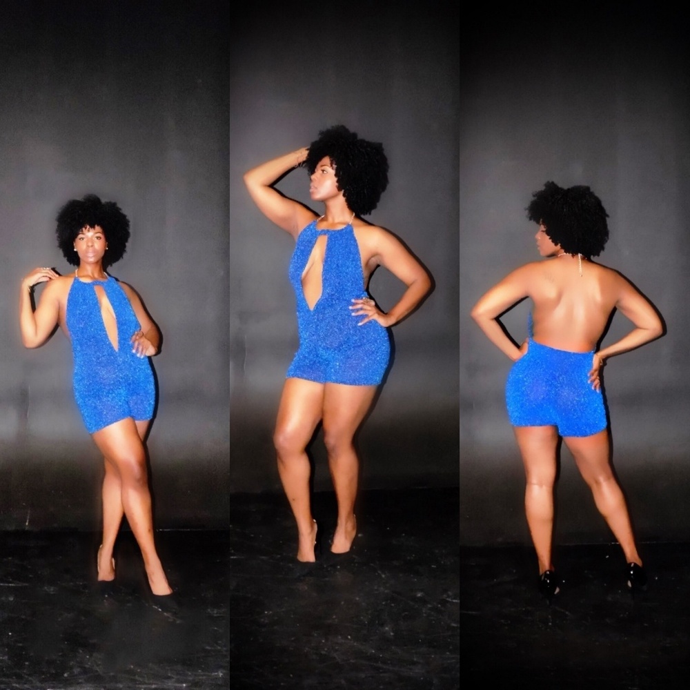 Custom short jumpsuit with gold neck chain